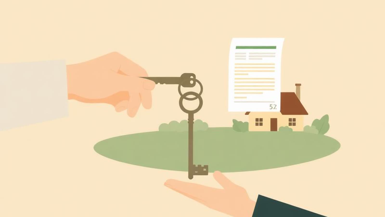 Illustrazione minimalista di chiave d'oro trasferita tra due mani con documento di successione — accettazione tacita eredità mutuo banca 2026