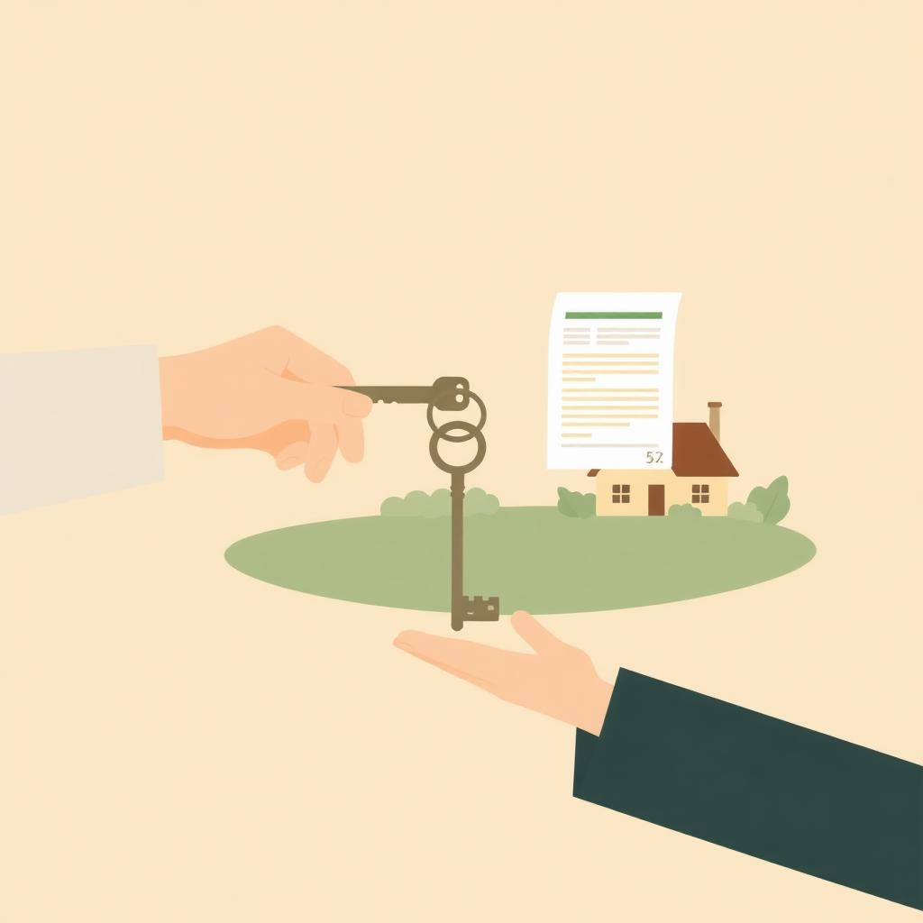 Illustrazione minimalista di chiave d'oro trasferita tra due mani con documento di successione — accettazione tacita eredità mutuo banca 2026
