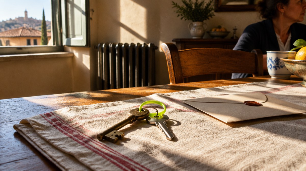 Chiavi di casa con un portachiavi lime e una busta chiusa su un tavolo di cucina, in una casa ricevuta in eredità