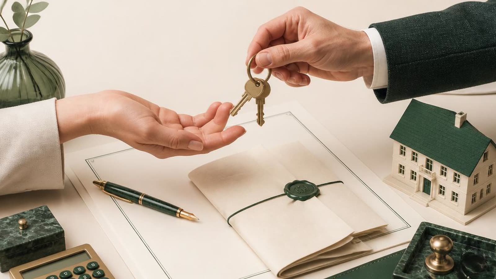 Atto notarile di accollo mutuo con scambio di chiavi tra venditore e acquirente, compromesso di compravendita, calcolatrice e modellino di casa su scrivania beige di studio notarile italiano