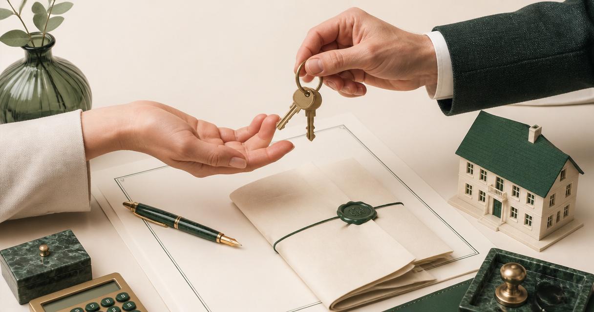 Atto notarile di accollo mutuo con scambio di chiavi tra venditore e acquirente, compromesso di compravendita, calcolatrice e modellino di casa su scrivania beige di studio notarile italiano