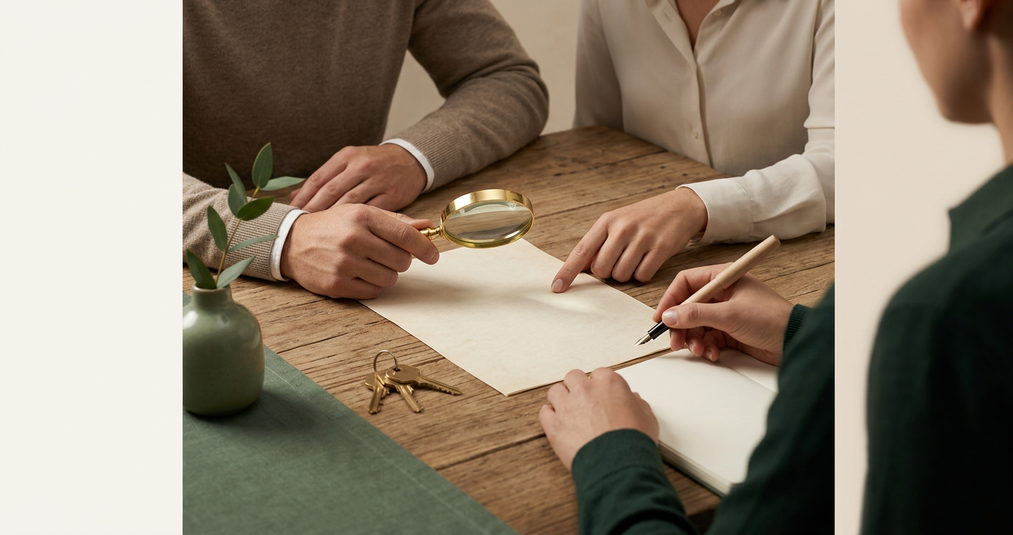 Illustrazione editoriale di acquirente e venditore che trattano un immobile italiano senza agenzia immobiliare, con lente su visura catastale