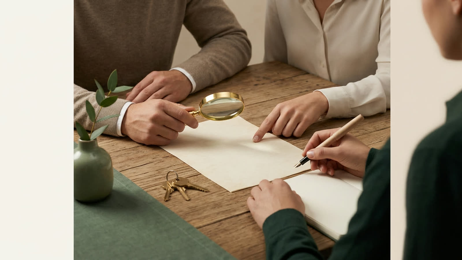 Illustrazione editoriale di acquirente e venditore che trattano un immobile italiano senza agenzia immobiliare, con lente su visura catastale