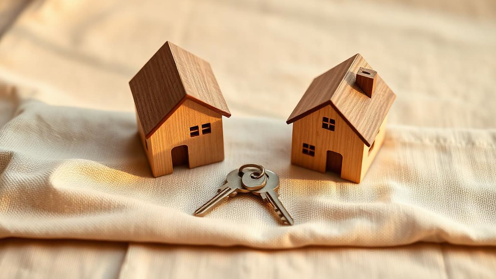 Due modellini di case in legno con un mazzo di chiavi tra loro su tessuto beige