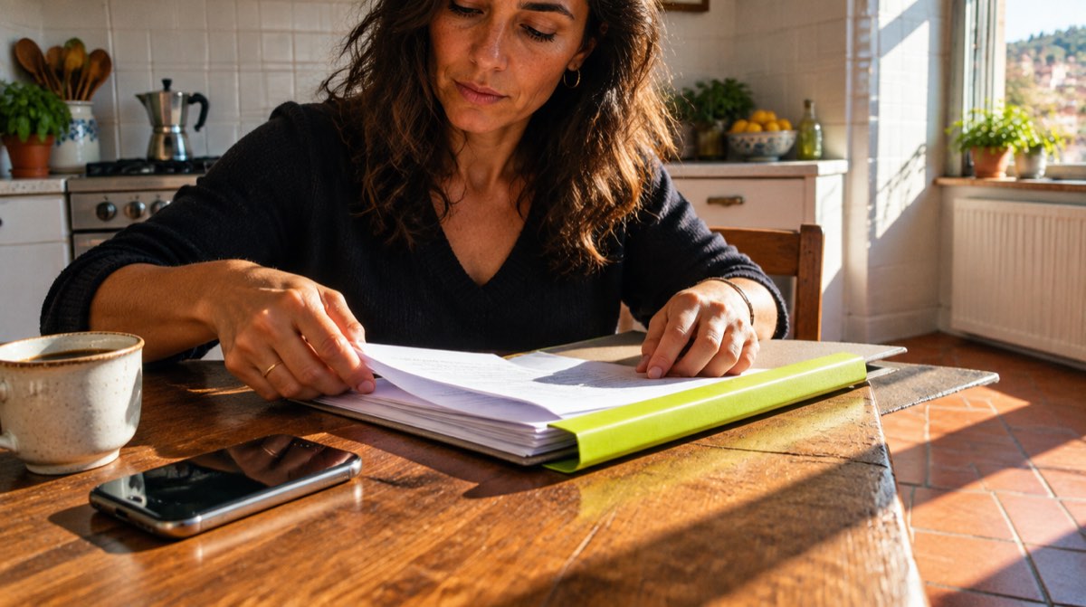 Volume giuridico aperto con occhiali da lettura appoggiati su banco in legno di un'aula di tribunale