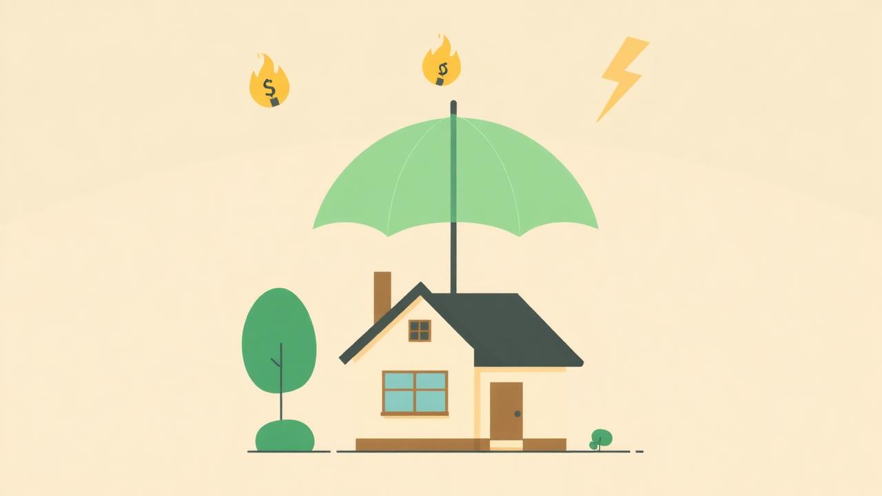 Illustrazione editoriale di una casa protetta da un ombrello verde da simboli di fiamma e fulmine, che rappresenta la polizza scoppio e incendio obbligatoria per il mutuo
