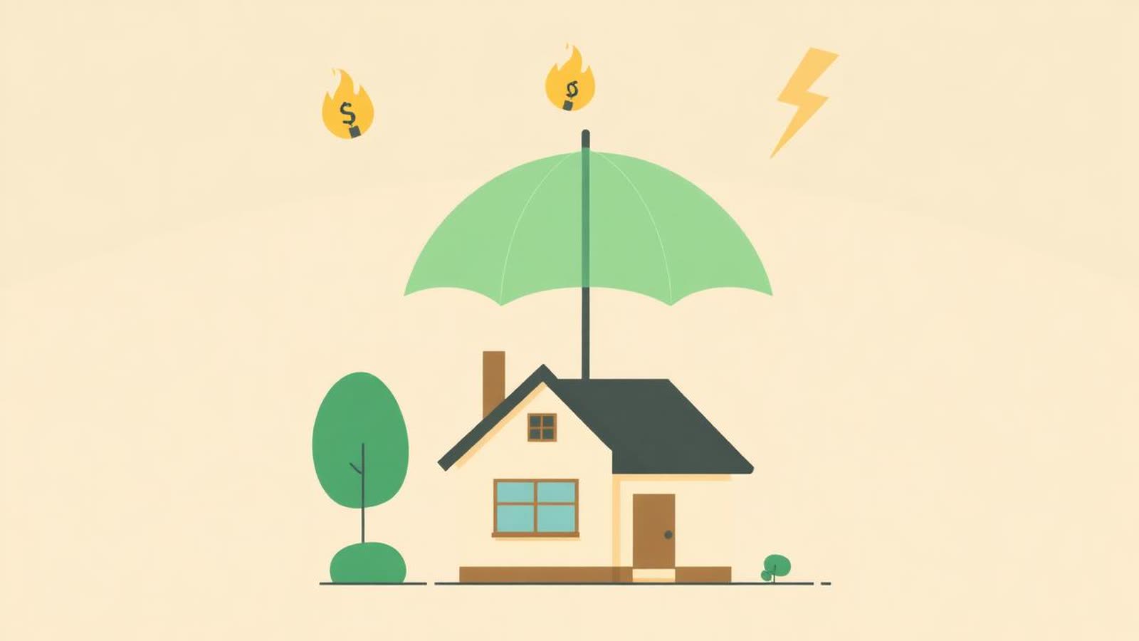 Illustrazione editoriale di una casa protetta da un ombrello verde da simboli di fiamma e fulmine, che rappresenta la polizza scoppio e incendio obbligatoria per il mutuo