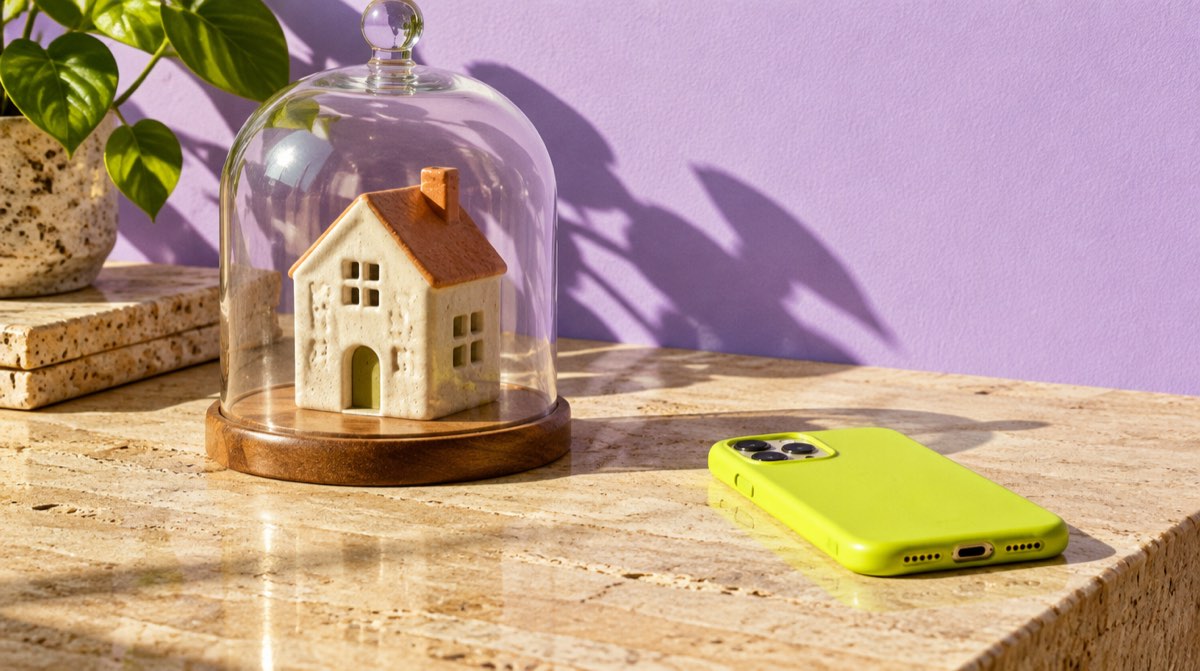 Una casetta di ceramica sotto una campana di vetro, accanto a uno smartphone verde su un piano di travertino: la casa del mutuo protetta dall'assicurazione