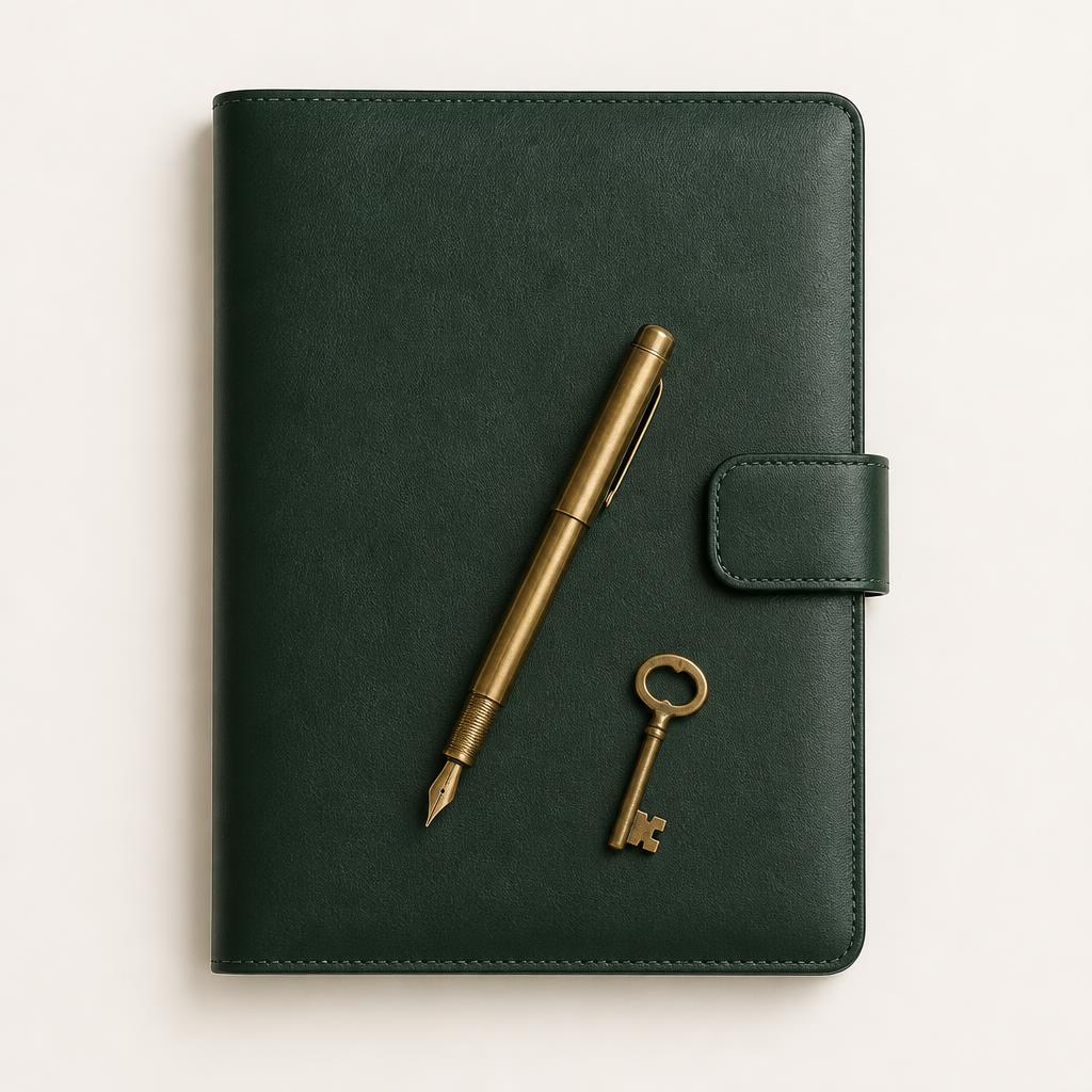 Portfolio in pelle verde con penna stilografica e chiave di casa su scrivania — simbolo delle verifiche notarili per il mutuo