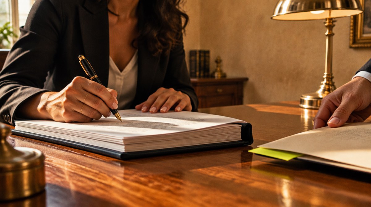 Portfolio in pelle verde con penna stilografica e chiave di casa su scrivania — simbolo delle verifiche notarili per il mutuo