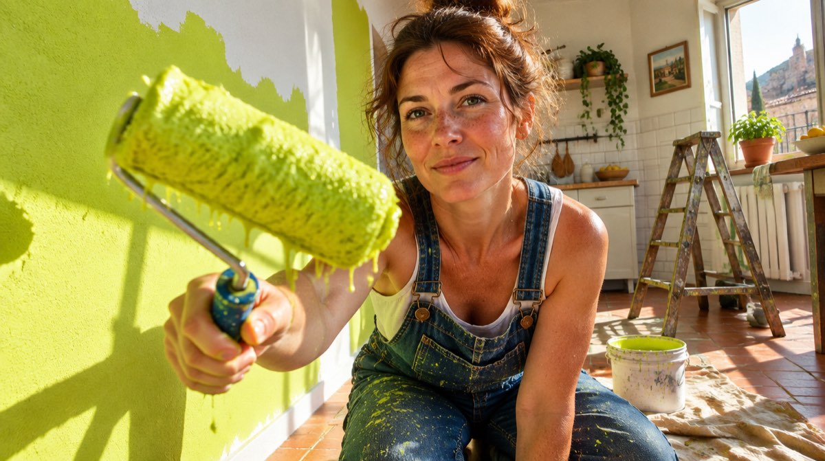 Casa in miniatura con pennello, calcolatrice e monete su sfondo beige — bonus ristrutturazione e mutuo