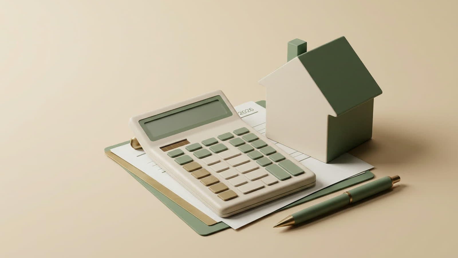 Illustrazione editoriale con calcolatrice e casa — come si calcola la rata del mutuo formula 2026