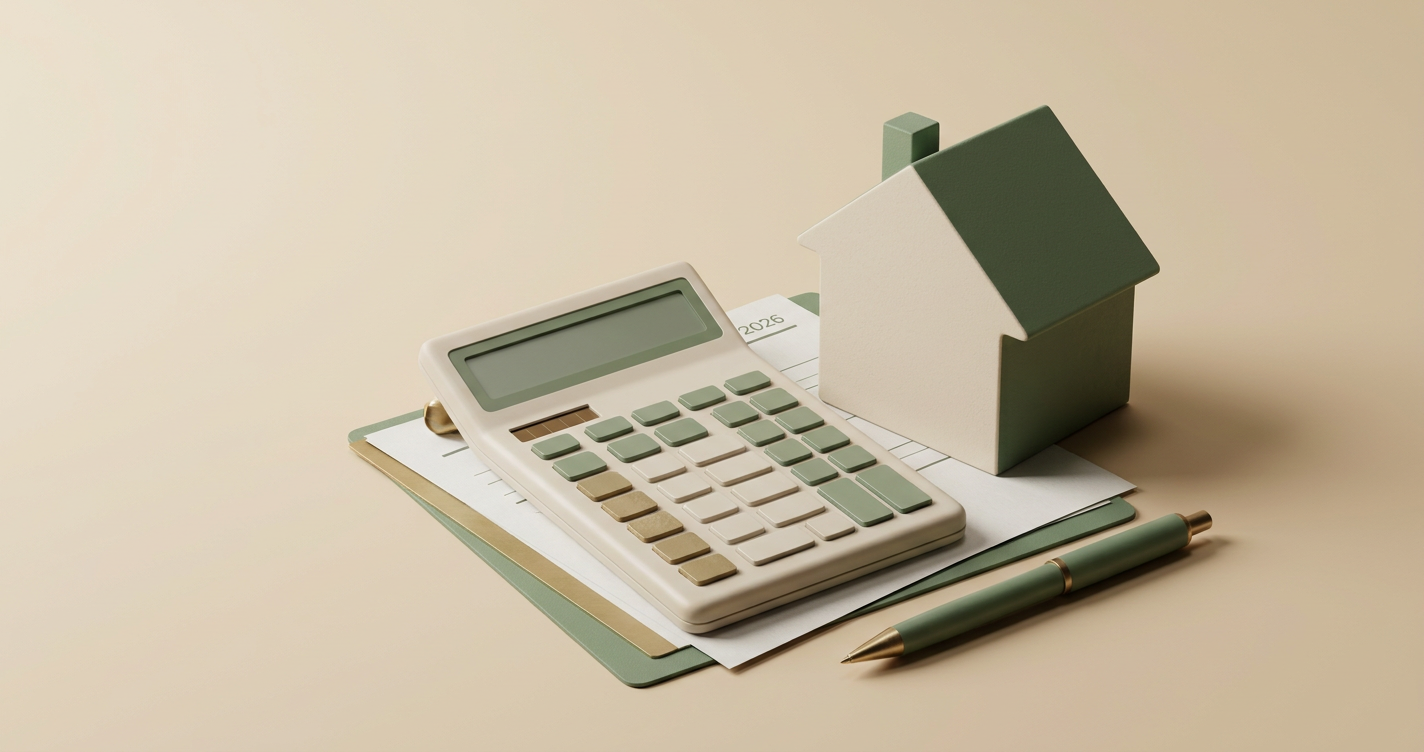 Illustrazione editoriale con calcolatrice e casa — come si calcola la rata del mutuo formula 2026