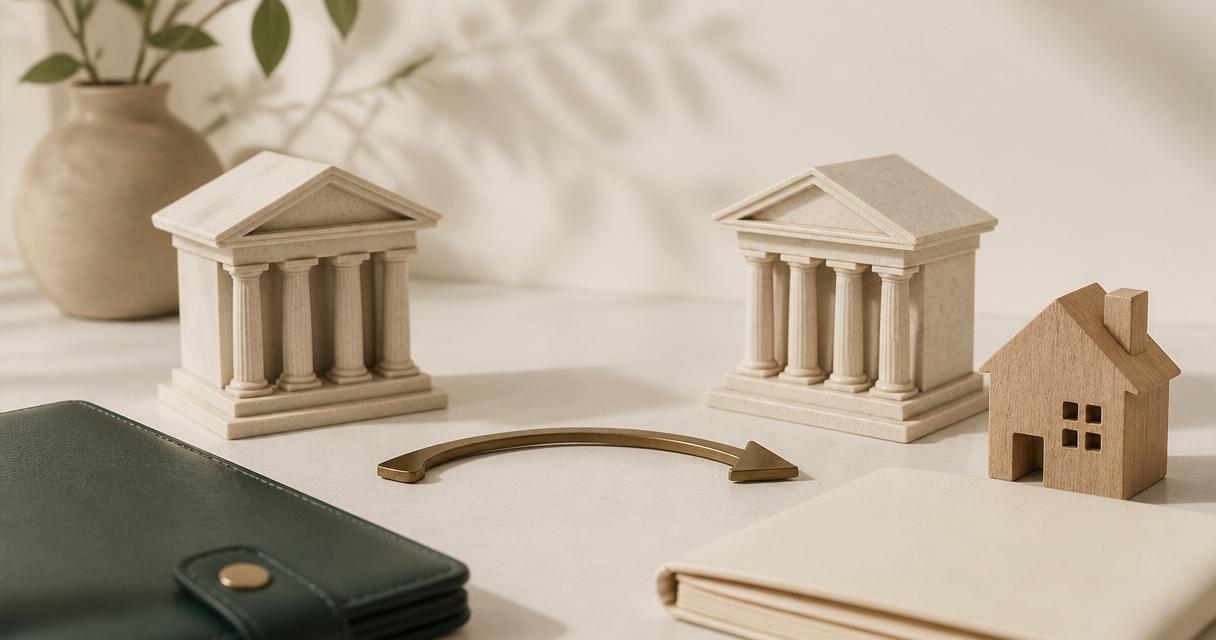 Persona a un bivio tra due banche: surroga barrata e sostituzione evidenziata — cambiare banca del mutuo 2026