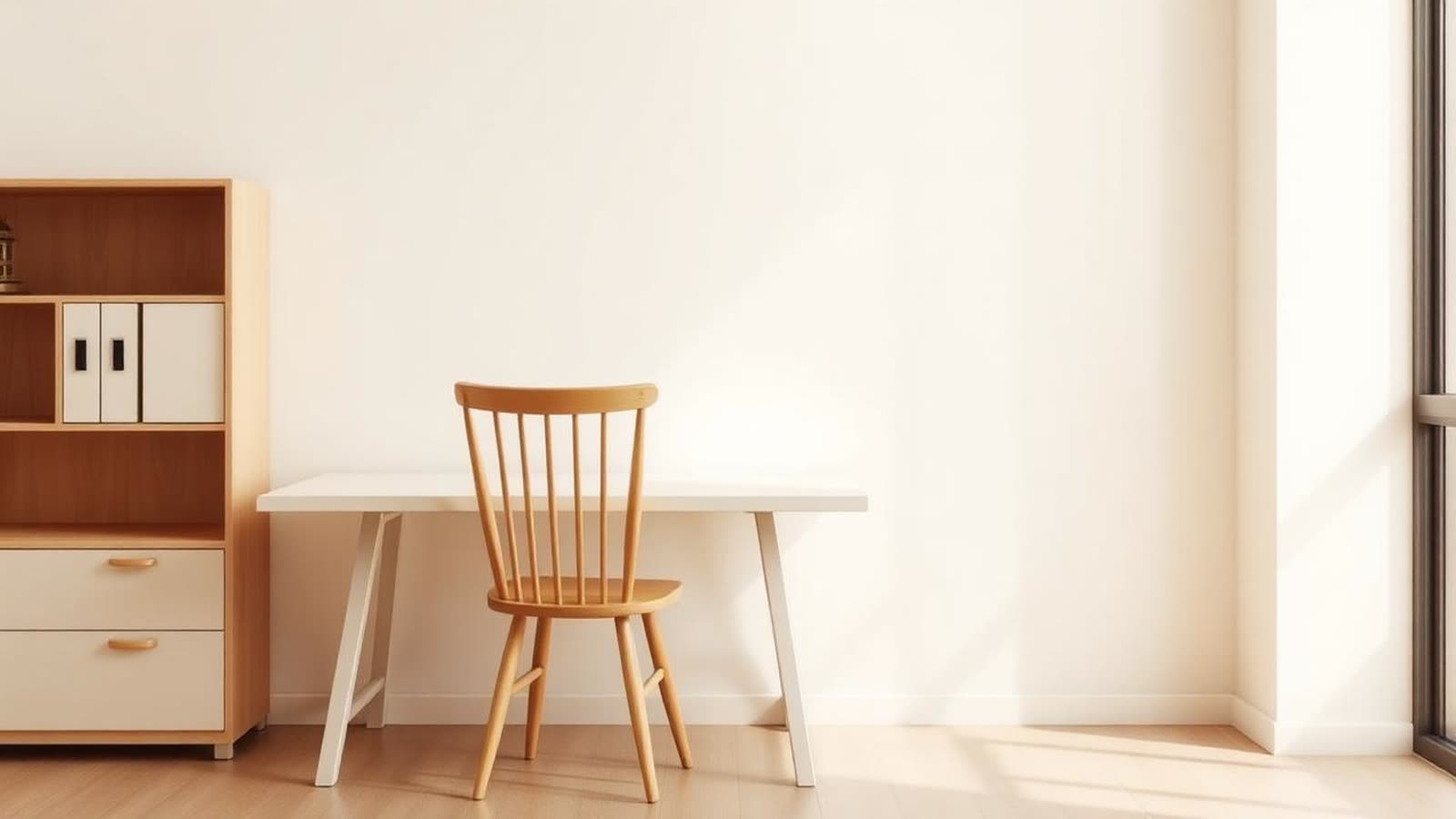 Scrivania chiara vuota con sedia in legno in una stanza luminosa dai toni beige