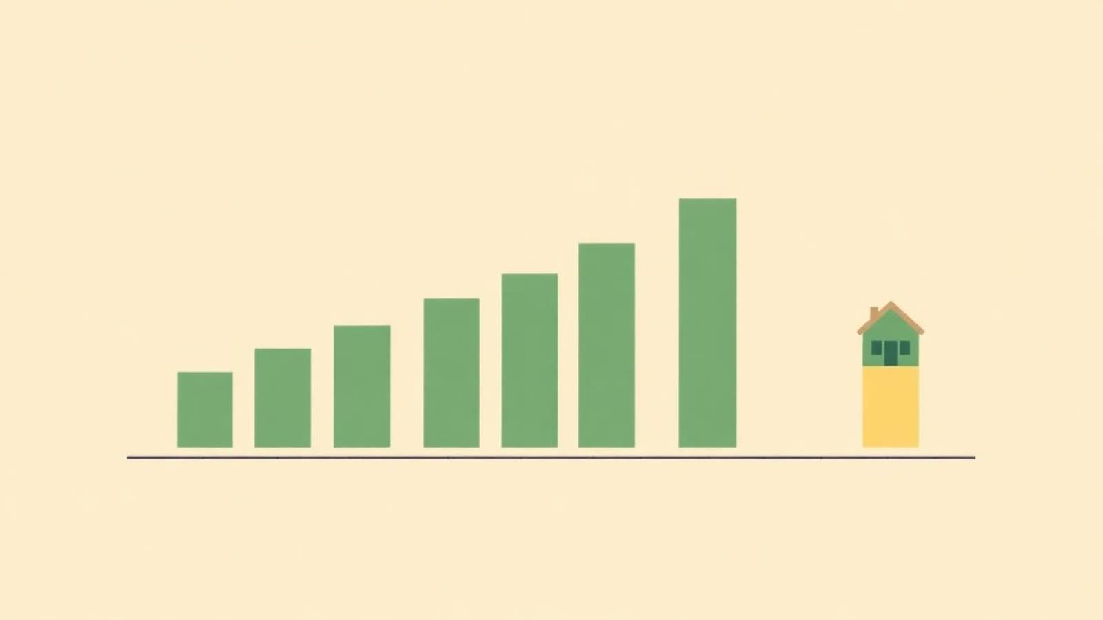 Illustrazione editoriale di un grafico a barre decrescenti che rappresenta il capitale residuo di un mutuo che diminuisce nel tempo, con icona di casa verde su sfondo beige