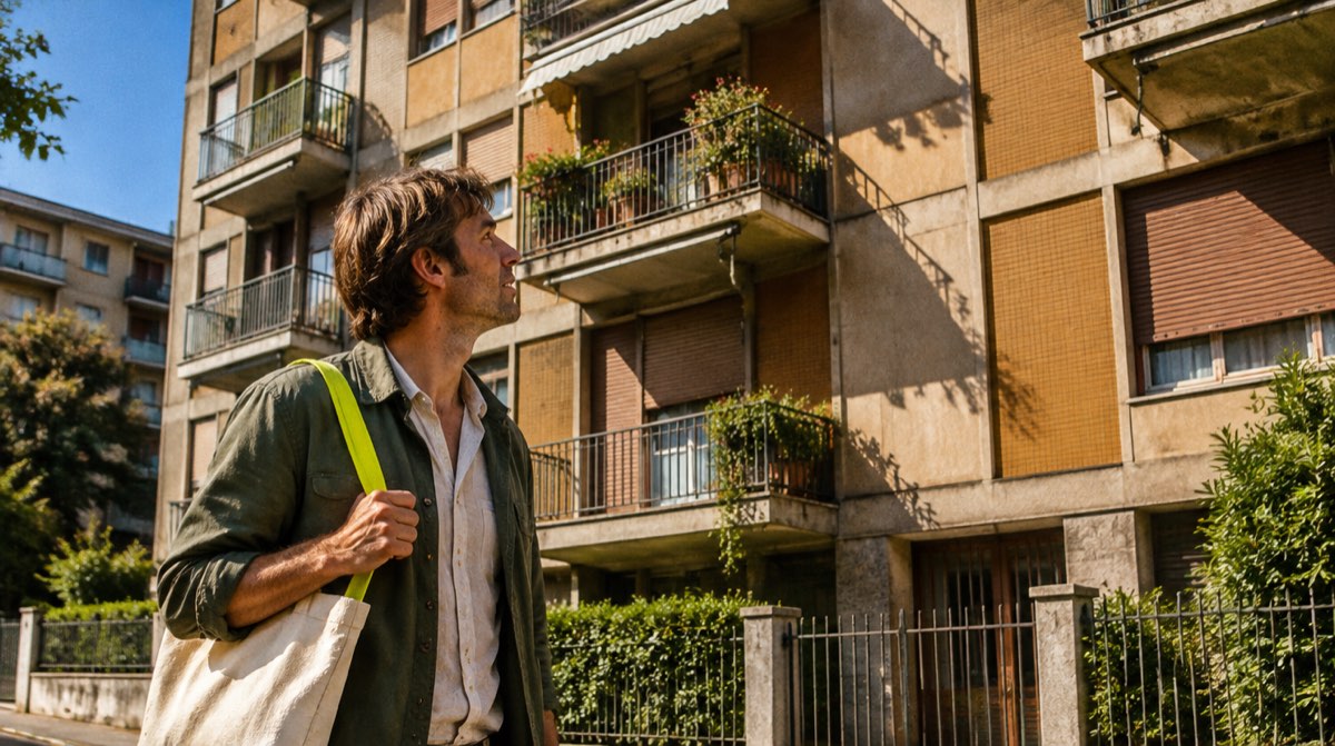 Illustrazione editoriale di un grafico a barre decrescenti che rappresenta il capitale residuo di un mutuo che diminuisce nel tempo, con icona di casa verde su sfondo beige