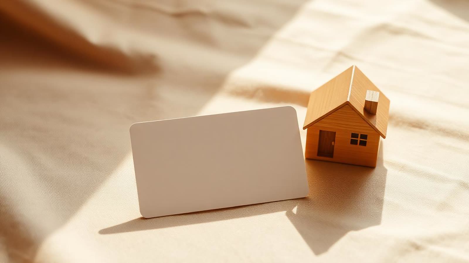 Carta di pagamento senza scritte appoggiata accanto a un modellino di casa in legno su tessuto beige