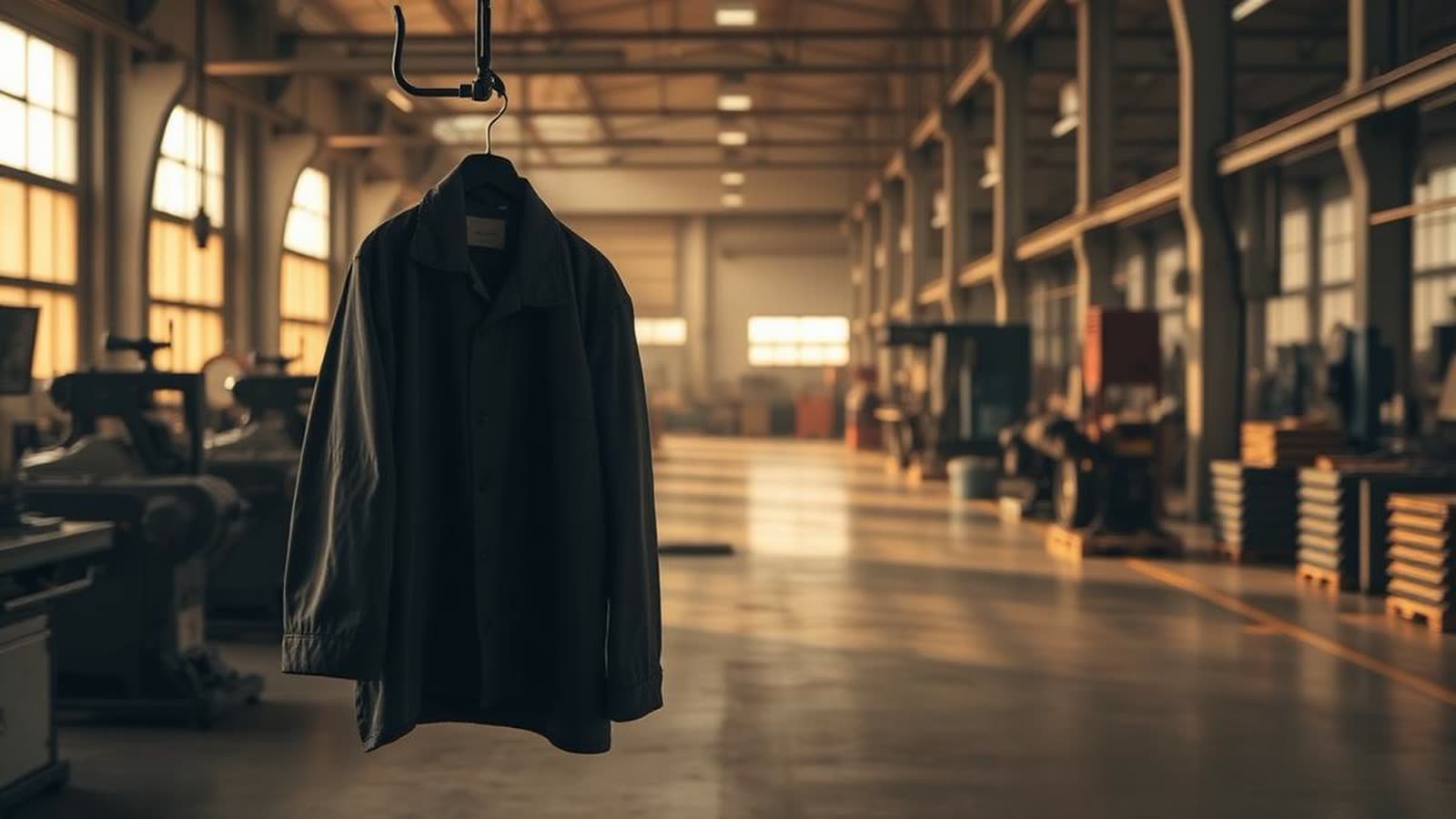 Capannone industriale con macchinari fermi e una giacca da lavoro appesa — cassa integrazione durante l'istruttoria del mutuo
