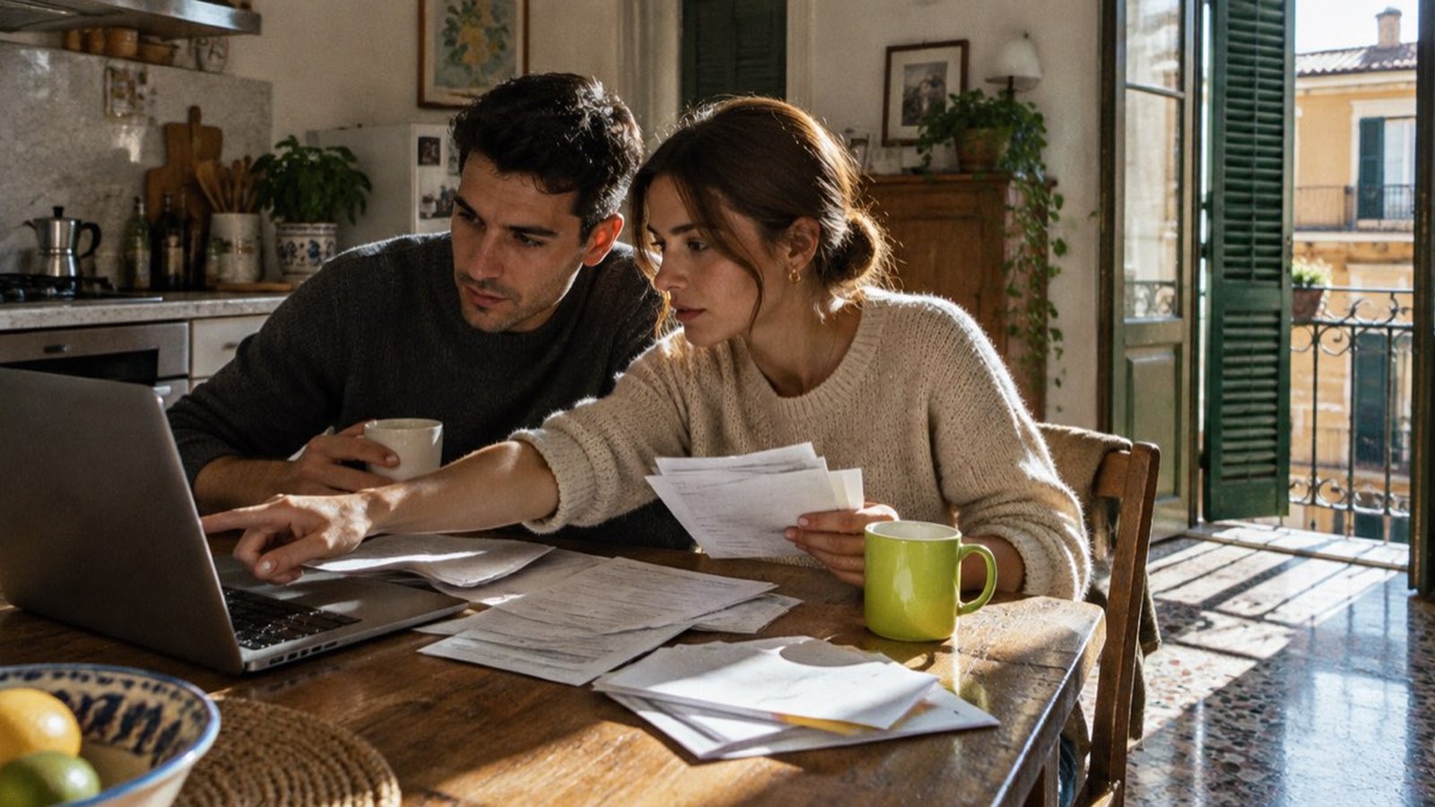 Una coppia controlla i documenti fiscali stampati e il portatile al tavolo della cucina, mentre recupera la Certificazione Unica per il mutuo