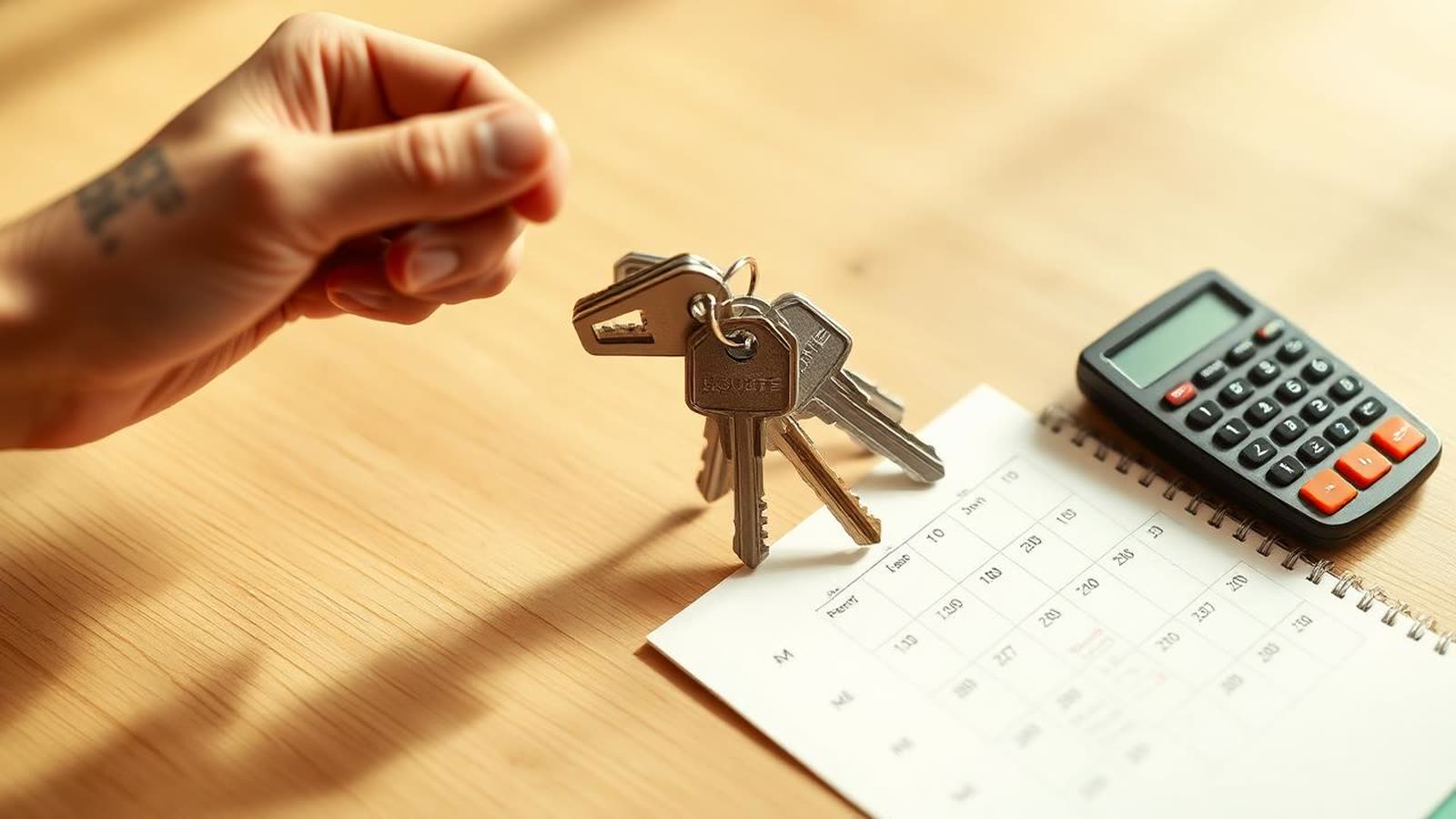 Chiavi di casa consegnate su una scrivania con calendario e calcolatrice — ripartizione dell'IMU tra compromesso e rogito