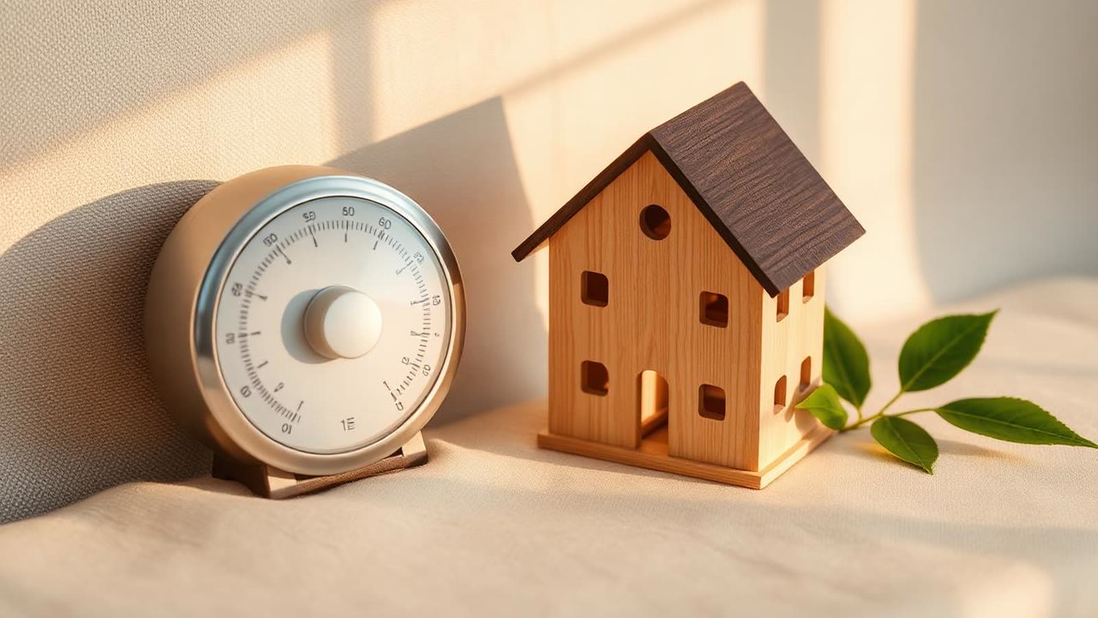 Modellino di casa in legno accanto a un termostato circolare e a una foglia verde su tessuto beige