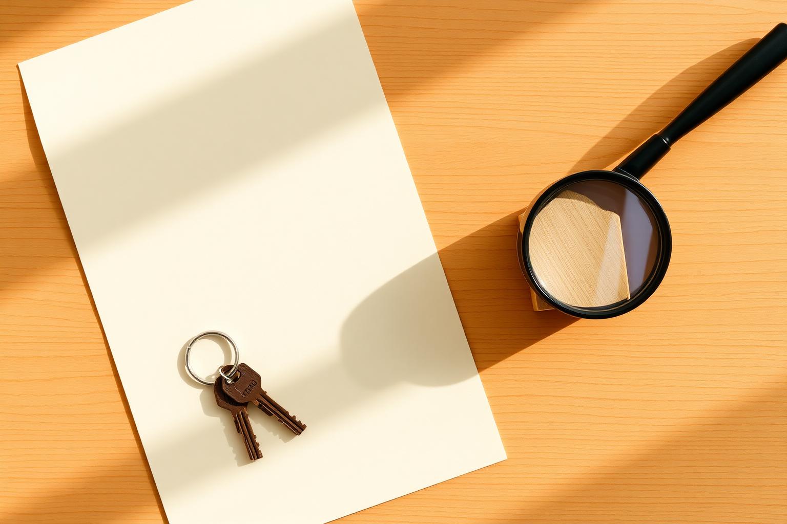 Foglio della proposta d'acquisto, chiavi di casa e lente d'ingrandimento — guida alla clausola sospensiva mutuo