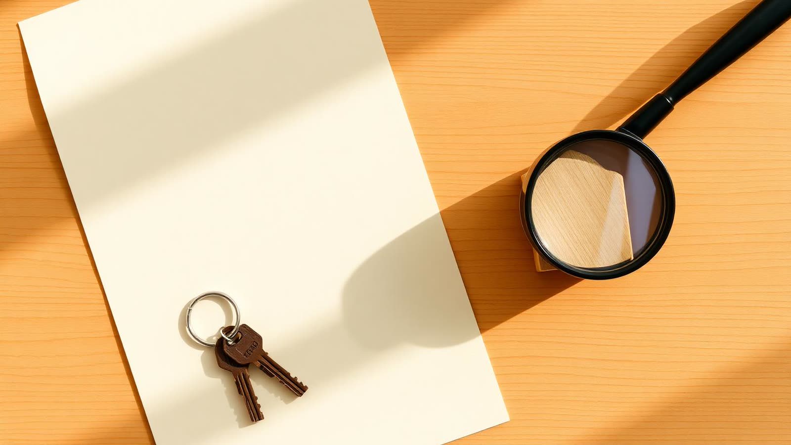 Foglio della proposta d'acquisto, chiavi di casa e lente d'ingrandimento — guida alla clausola sospensiva mutuo