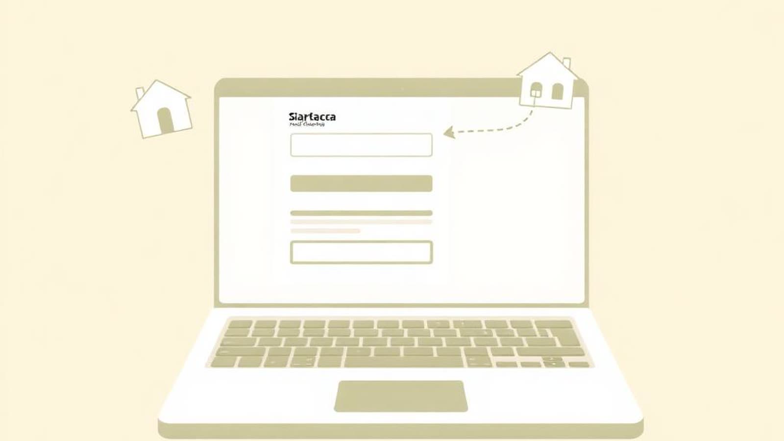 Laptop aperto su una dashboard bancaria digitale con icone di casa, firma digitale e SPID, in un ufficio moderno — mutuo online 2026