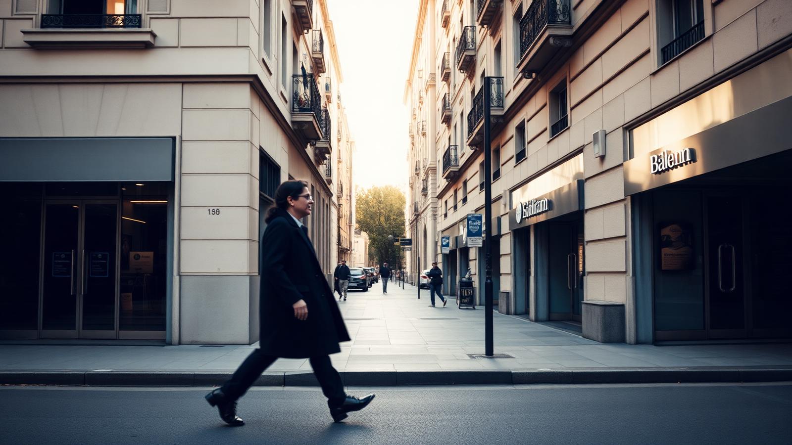 Persona che cammina lungo una strada cittadina con più filiali bancarie, immagine che richiama la scelta della banca per il mutuo