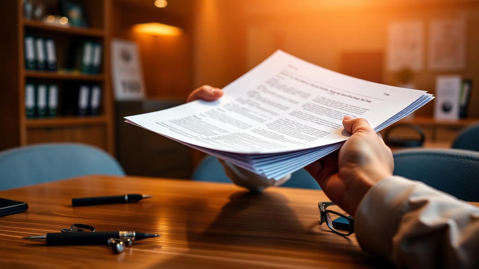 Mani che sfogliano un documento di più pagine su una scrivania in filiale, con penna e occhiali, mentre si legge un preventivo di mutuo