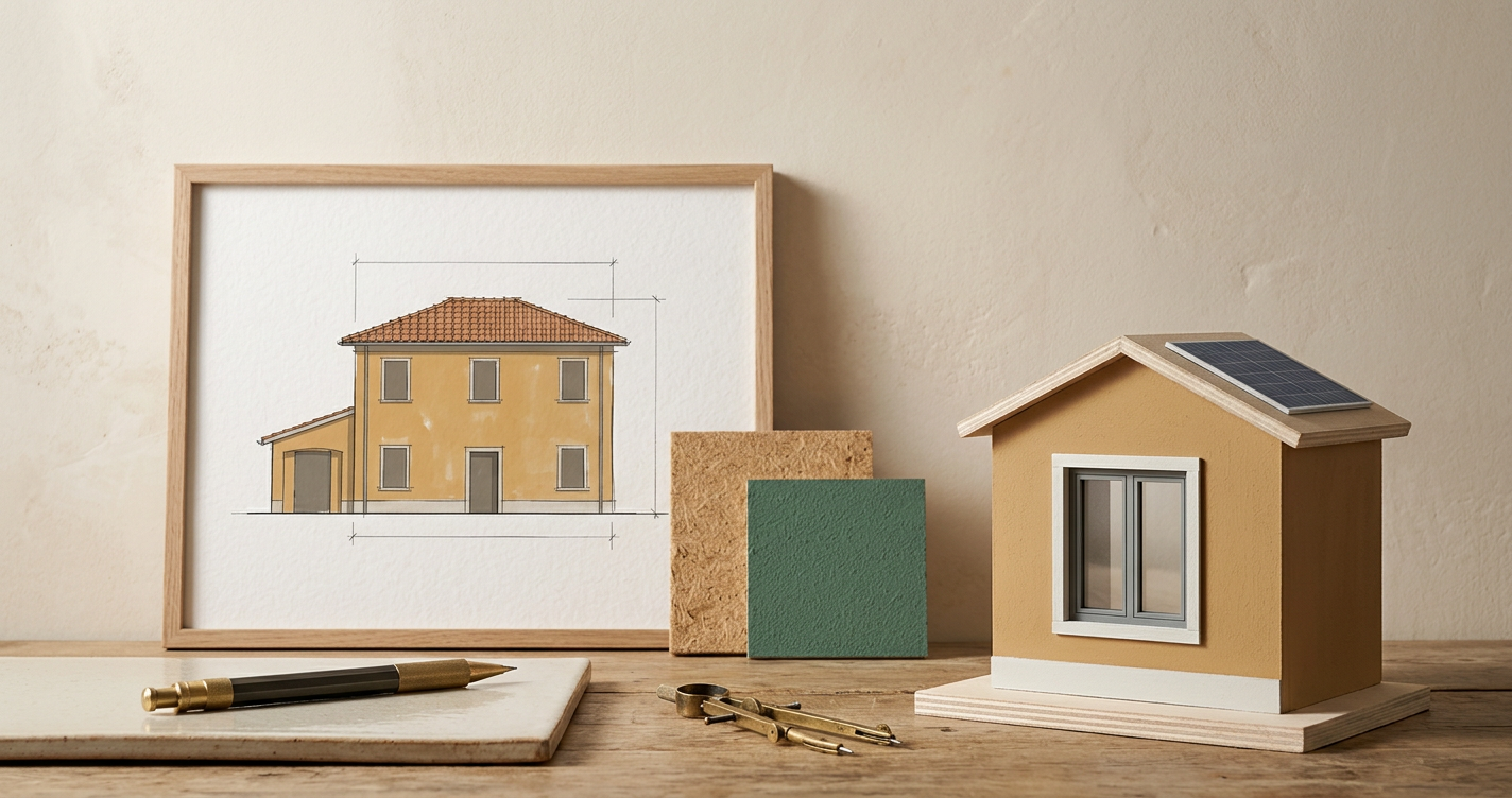 Cantiere di riqualificazione energetica su una tipica casa indipendente italiana — Mutuo Green 2026