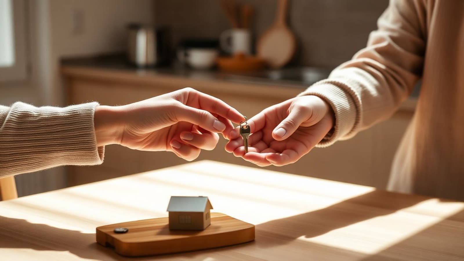 Passaggio di una chiave di casa tra due mani sopra un tavolo di legno in cucina