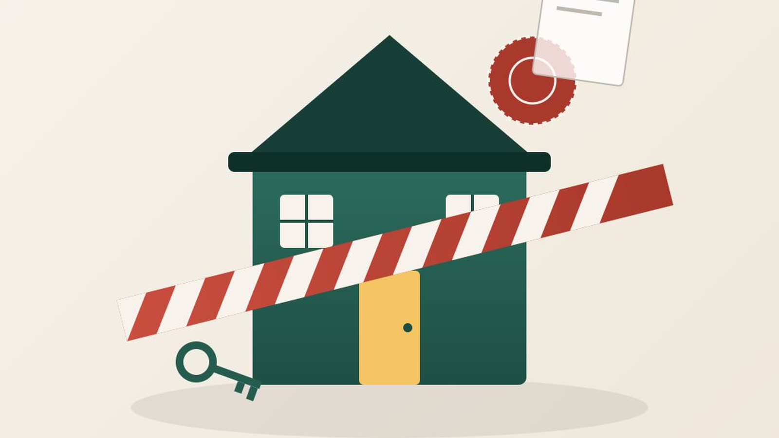 Illustrazione editoriale di una casa con nastro di sicurezza e timbro ufficiale — comprare casa pignorata con il mutuo