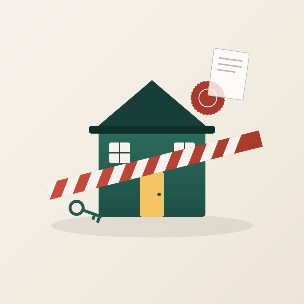 Illustrazione editoriale di una casa con nastro di sicurezza e timbro ufficiale — comprare casa pignorata con il mutuo