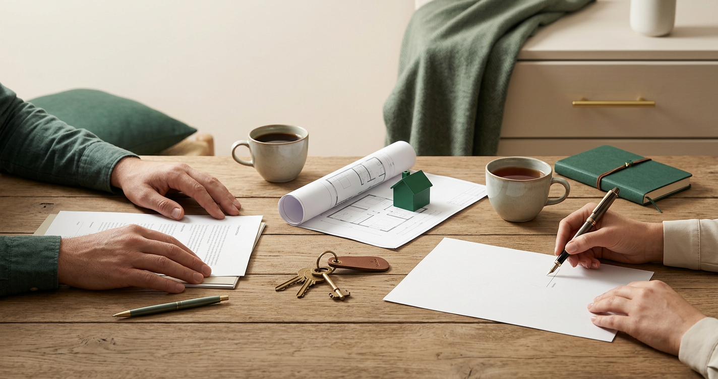 Firma del compromesso casa tra due parti con chiave e planimetria — guida contratto preliminare 2026