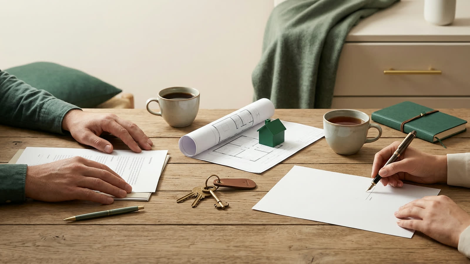Firma del compromesso casa tra due parti con chiave e planimetria — guida contratto preliminare 2026