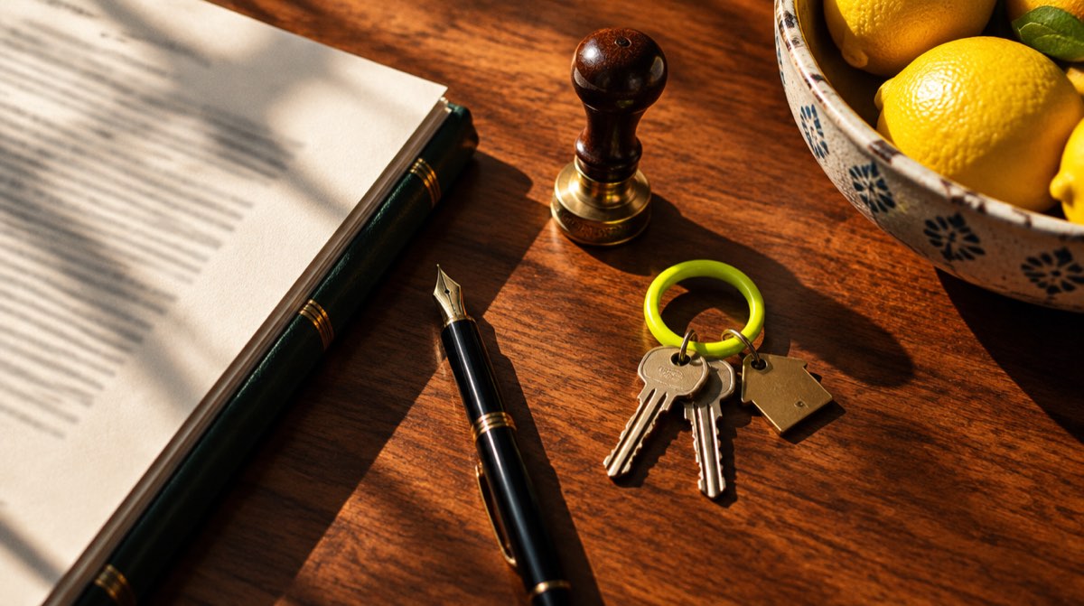 Firma del compromesso casa tra due parti con chiave e planimetria — guida contratto preliminare 2026