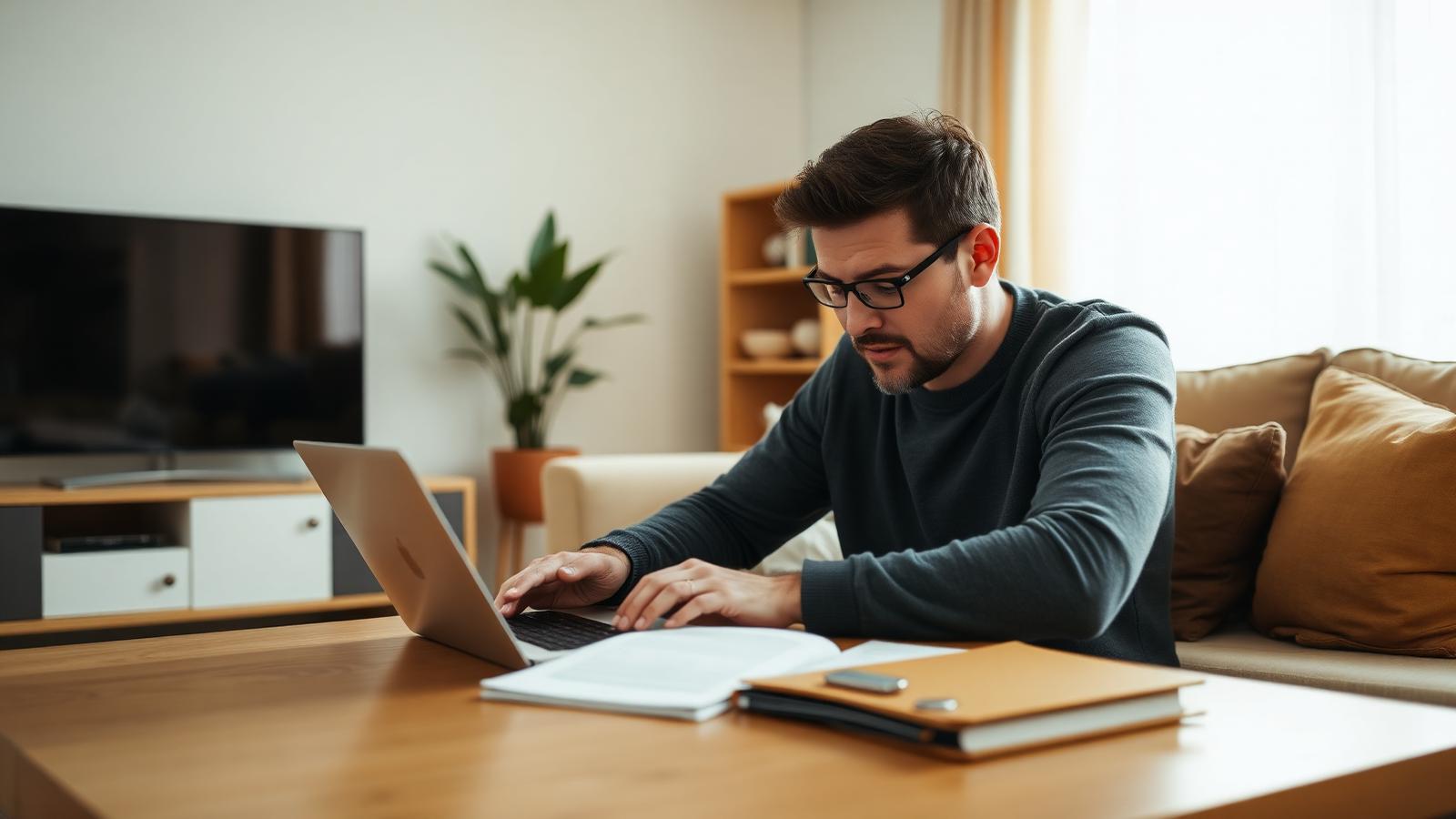 Uomo in soggiorno che verifica al portatile la capacità di mutuo con uno stipendio netto di 1.600 euro al mese
