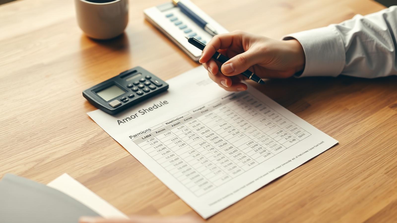 Mano con penna e calcolatrice su un piano di ammortamento stampato, per calcolare quanto mutuo si può chiedere con 1.700 euro netti