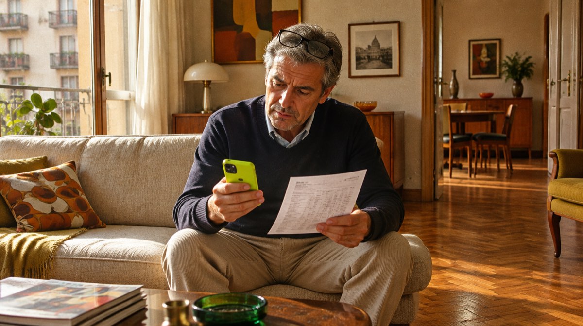 Uomo seduto sul divano del soggiorno che legge un foglio con le cifre dello stipendio e fa i conti sul telefono