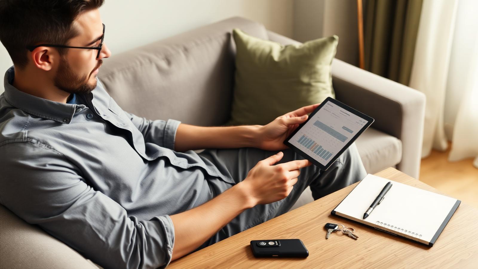 Uomo sul divano che consulta su tablet una simulazione di mutuo per capire quanto può chiedere con 1.800 euro netti al mese