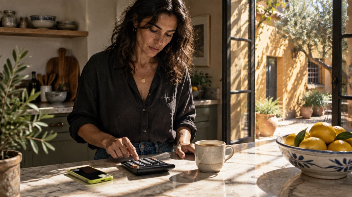 Donna in cucina che fa i conti con la calcolatrice sul piano di marmo, accanto al telefono e a una tazza di caffè, per capire quanto mutuo può chiedere con 2.200 euro al mese