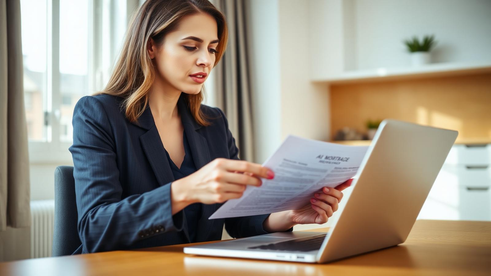 Professionista che esamina un documento di mutuo accanto a un laptop in un appartamento luminoso, con reddito netto di 3.000 euro al mese