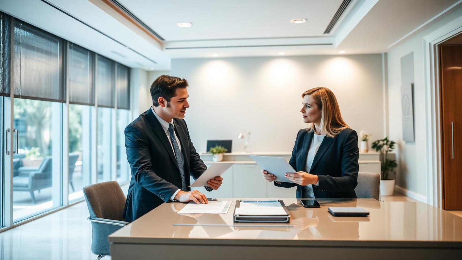 Consulente e cliente in un ufficio bancario luminoso che esaminano la documentazione di un mutuo di importo elevato