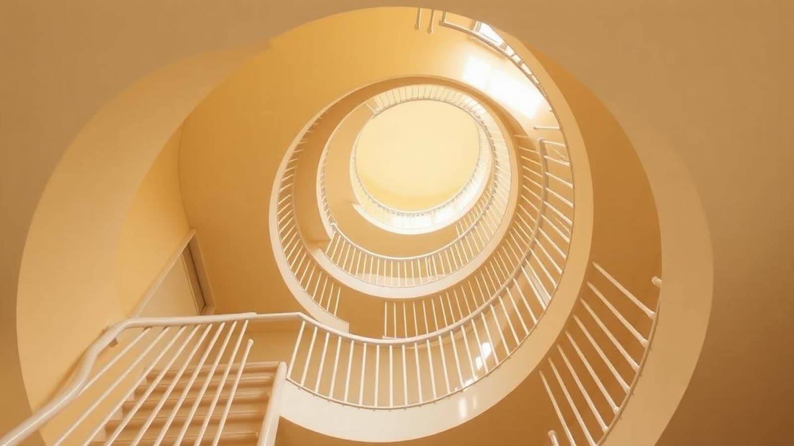Vano scale a spirale di un condominio visto dal basso, con luce naturale calda