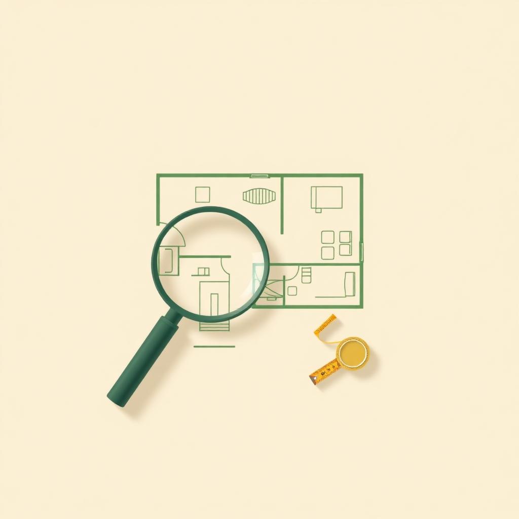 Planimetria di casa esaminata con lente d'ingrandimento e metro — verifica di conformità catastale