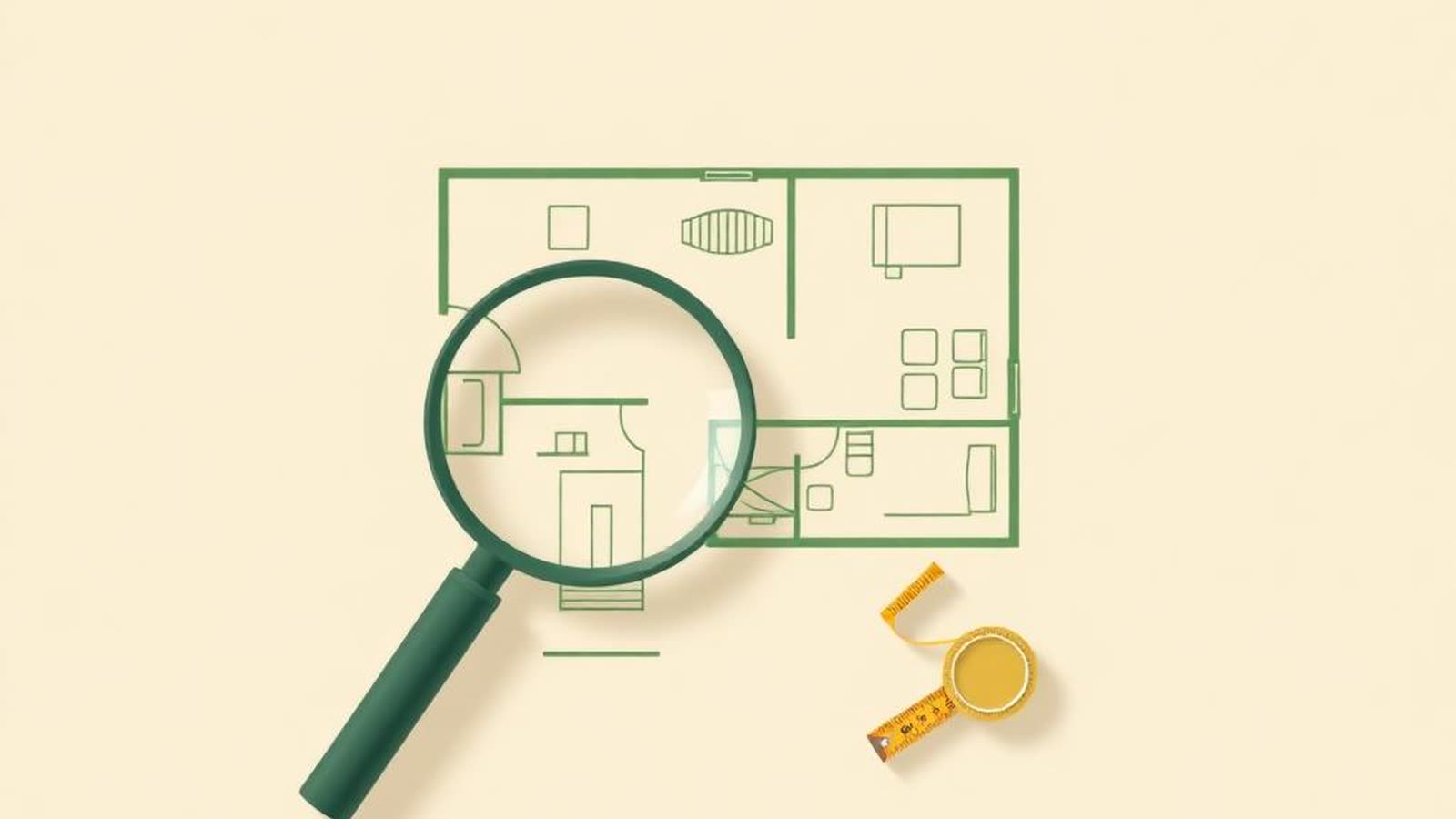 Planimetria di casa esaminata con lente d'ingrandimento e metro — verifica di conformità catastale