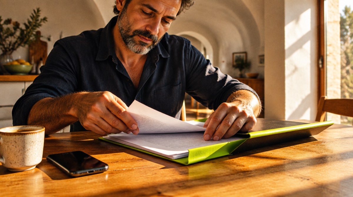 Planimetria di casa esaminata con lente d'ingrandimento e metro — verifica di conformità catastale