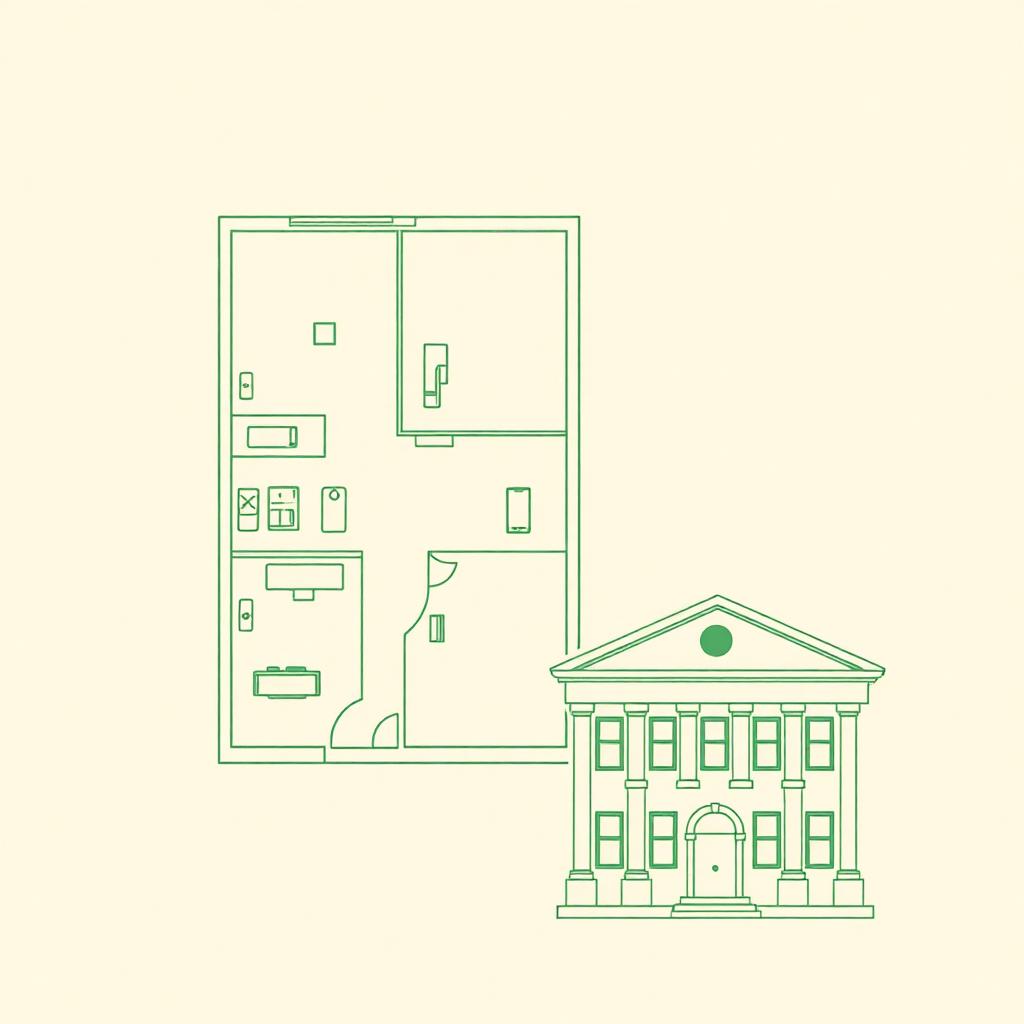 Planimetria di appartamento accanto all'illustrazione di un municipio — verifica di conformità urbanistica